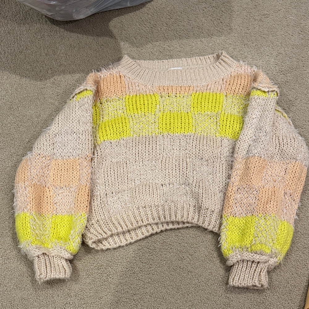 Cropped Cream Knit Sweater with Yellow & Peach Check Panels